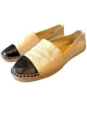Tory Burch Mestico Espadilles Size 8-1/2 White with Black Toe